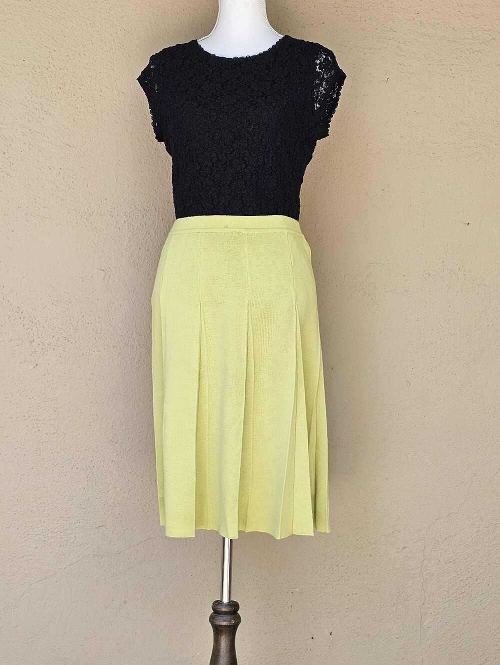 Vintage Italian Wool Chartreuse Pleated Midi Skirt Carol Brent